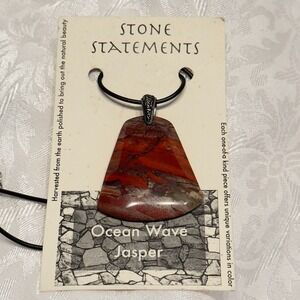 Ocean Wave Jasper Stone Statements Triangle Necklace Pendant Leather Black Cord